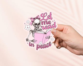 Pegatina Déjame leer en paz, pegatina Kindle, merchandising de libros, regalo para amantes de los libros, amante de la lectura, esqueleto de Pink Coquette leyendo, booktok