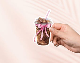 Pegatina de café helado con lazo rosa, bonita pegatina de vinilo, merchandising literario, regalo para amantes de los libros, pegatinas para lectores electrónicos Kindle, amantes de la lectura, lectores obscenos