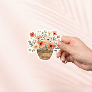 Cottagecore-vinylsticker, schattige bloemen in mand, tuinplant damesstickers, leesgrage merchandise, cadeau boekenliefhebber, e-reader Kindle-stickers