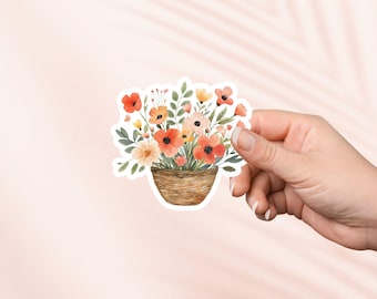 Cottagecore-vinylsticker, schattige bloemen in mand, tuinplant damesstickers, leesgrage merchandise, cadeau boekenliefhebber, e-reader Kindle-stickers