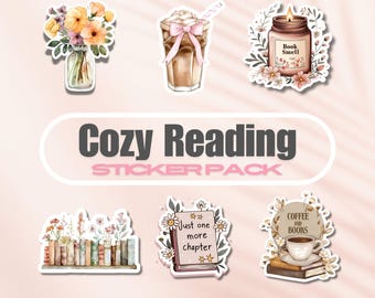 Cozy Reading Sticker Pack, Vinyl Bookish Stickers Bundle, Book Lover Gift, e-reader Kindle Stickers, Reading Lover, Coffee and Books, Relax