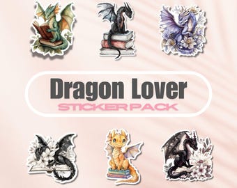 Puede incluir: Un conjunto de seis pegatinas de dragón coloridas con diferentes poses y diseños. Las pegatinas muestran dragones leyendo libros, sentados en pilas de libros y rodeados de flores. Las pegatinas forman parte de un "Dragon Lover Sticker Pack".