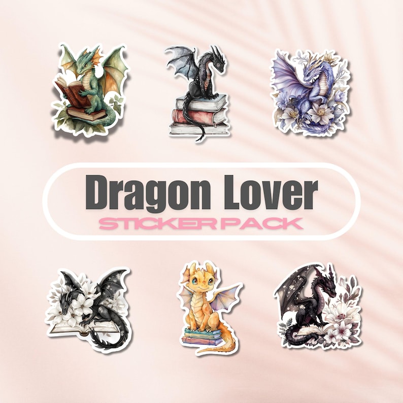 May include: A set of six colorful dragon stickers with different poses and designs. The stickers feature dragons reading books, sitting on stacks of books, and surrounded by flowers. The stickers are part of a "Dragon Lover Sticker Pack".