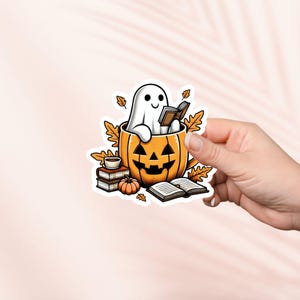 Linda pegatina de lectura de fantasmas, pegatina de libro, merchandising de libro, regalo de amante de libros, pegatinas Kindle de lector electrónico, amante de la lectura, otoño acogedor, Cottagecore