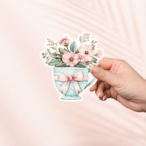 Pegatina de taza de té vintage con flores, pegatina de coqueta, merchandising literario, regalo para amantes de la lectura, pegatinas para Kindle, estilo cottagecore, romance