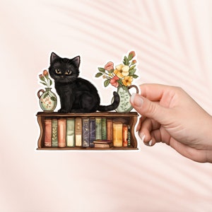 Schwarze Katze auf Bücherregal-Aufkleber, Bücherwurm-Merch, Buchliebhaber-Geschenk, E-Reader-Kindle-Aufkleber, Leseliebhaber, Booktok, süßer Cottagecore-Aufkleber