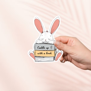 Conejito con pegatina de libros, linda pegatina de vinilo, pegatinas Kindle, merchandising librero, regalo para amantes de los libros, regalo para lectores electrónicos, amantes de la lectura, lectores de obscenidades