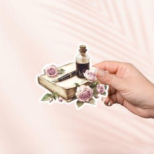Stylo et encre avec autocollant roses, autocollant vinyle livresque mignon, marchandise livresque, cadeau pour amoureux des livres, autocollants Kindle de liseuse, amateur de lecture, livre