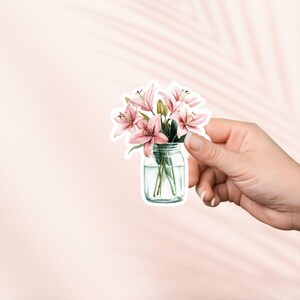 Pegatina de tarro con flor de lirio rosa, bonita pegatina de vinilo estilo cottagecore, pegatinas para Kindle, artículos para amantes de los libros, regalo para amantes de los libros, regalo para lectores electrónicos, amante de la lectura