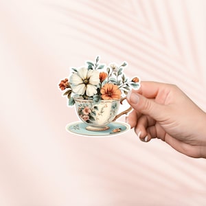Sticker vintage tasse à thé et fleurs, Sticker coquette mignon, produit livresque, cadeau pour amoureux des livres, Stickers Kindle e-reader, Cottagecore, Romance