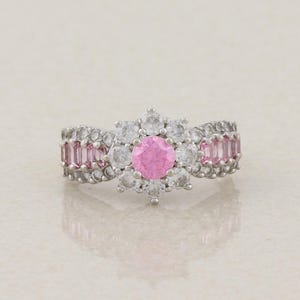 Sterling Silver Pink and White Flower Cubic Zirconia Ring Size 8 1/4