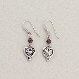 Sterling Silver Garnet Heart Earrings Dangle Drop 1 1/2&quot; x 3/8&quot;