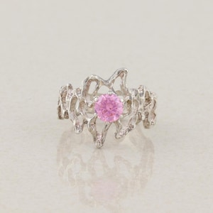 Sterling Silver Abstract Unique Pink CZ Ring Size 7 3/4