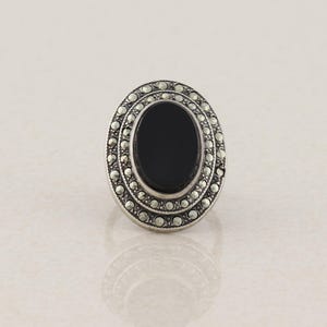 Sterling Silver Onyx and Marcasite Ring Size 4