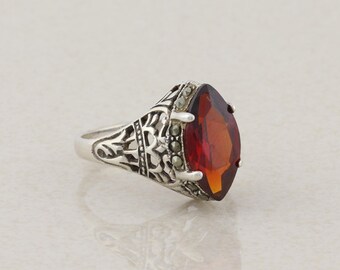 Sterling Silver Red Cubic Zirconia and Marcasite Ring Size 6 3/4
