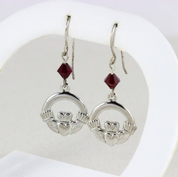 Sterling Silver Claddagh Earrings with Red Rhines… - image 3