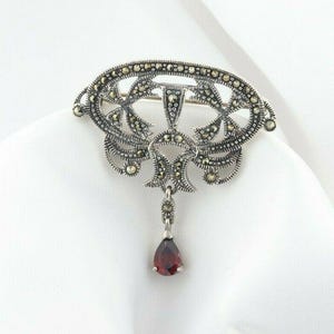 Sterling Silver Marcasite with Simulated Garnet Pin Brooch