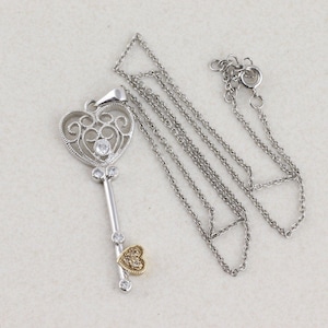Sterling Silver Heart Key Heart Necklace Cz accents 16 inch chain