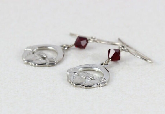 Sterling Silver Claddagh Earrings with Red Rhines… - image 4