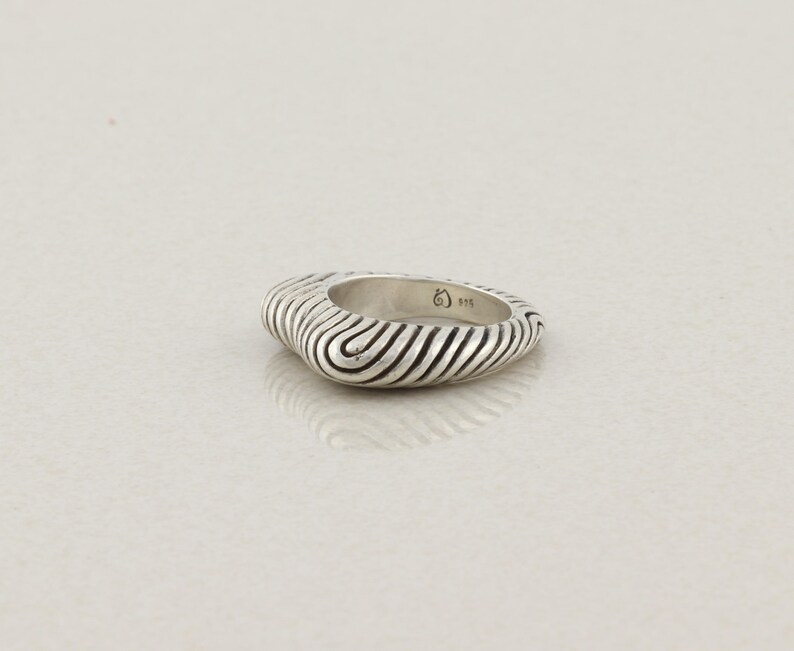 May include: A silver ring with a textured, ridged design. The ring has a rounded, oval shape and a polished finish. The ridges create a wave-like pattern around the band. The ring is likely made of sterling silver.