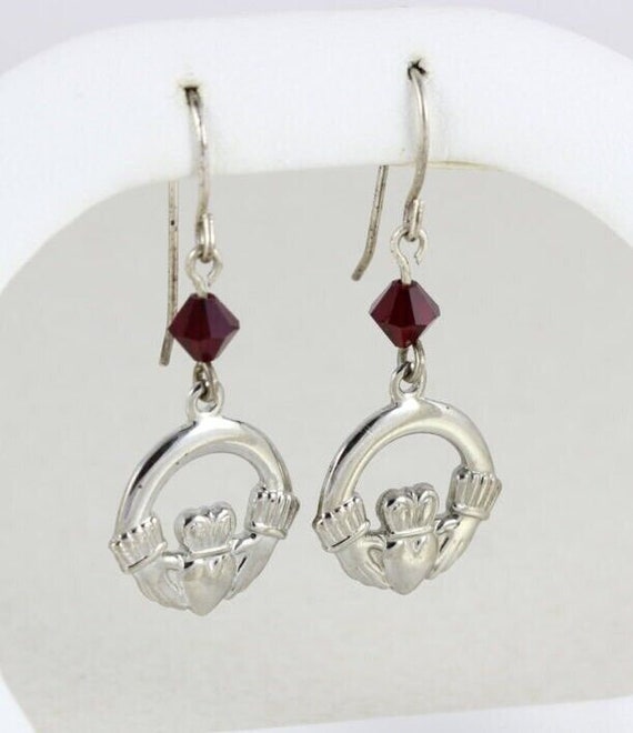 Sterling Silver Claddagh Earrings with Red Rhines… - image 1