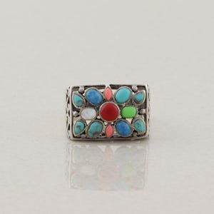 Sterling Silver Turquoise and Coral and Mother of Pearl Ring Size 6 3/4