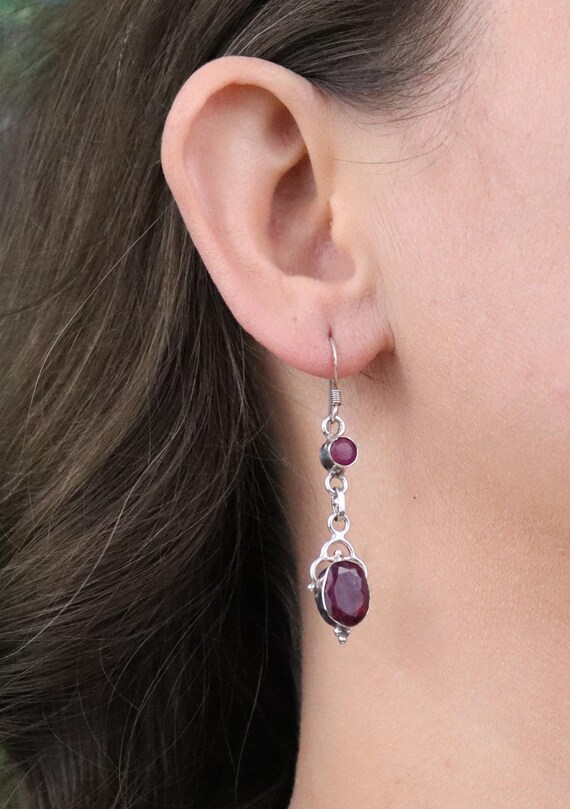 Sterling Silver Ruby Corundum Dangle Earrings Dan… - image 2