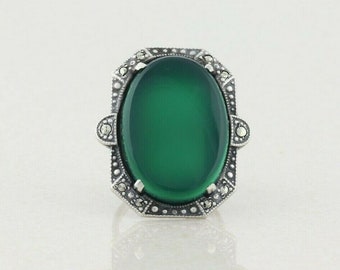 Sterling Silver Green Onyx and Marcasite Ring Art Deco Ring Size 5 petite woman, teen, children's, pinky
