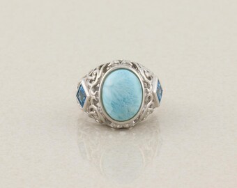 Anillo de plata de ley con larimar natural y topacio azul, talla 7 3/4