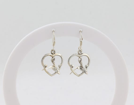 Sterling Silver Dolphin Jumping Through Heart Hoo… - image 1