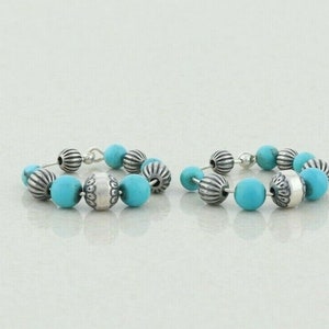 Sterling Silver Created Turquoise Bead Hoop Earrings