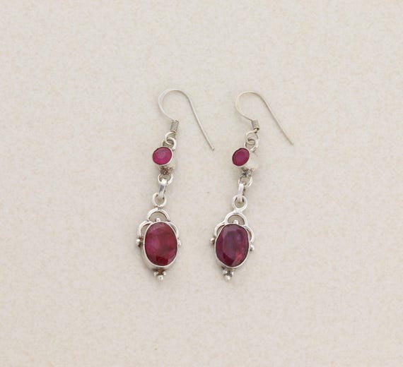 Sterling Silver Ruby Corundum Dangle Earrings Dan… - image 3