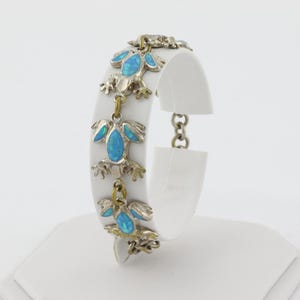 Silver Plate over Bronze Created Blue Opal Frog Bracelet 6" to 7" Adjustable
