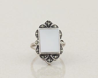 Sterling Silver Mother of Pearl and Marcasite Ring Size 6 1/2