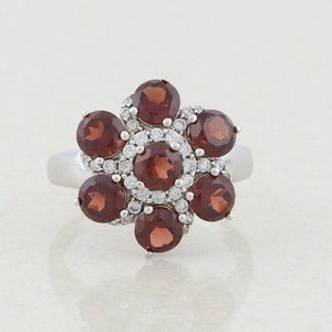 Sterling Silber Granat und weiße Topas Blume Ring Größe 9 1/4