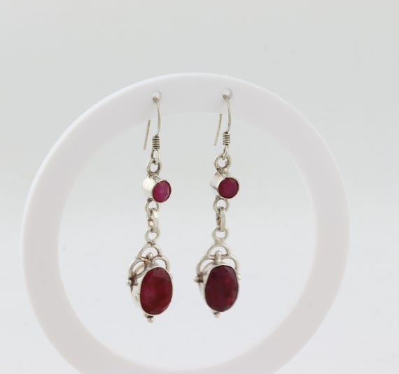 Sterling Silver Ruby Corundum Dangle Earrings Dan… - image 1