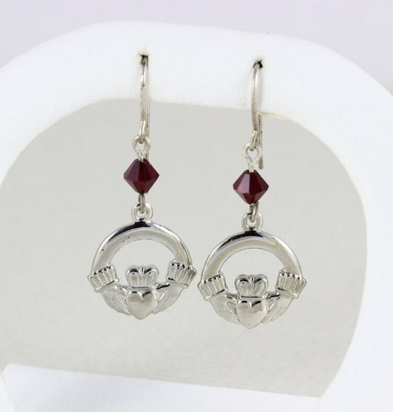Sterling Silver Claddagh Earrings with Red Rhines… - image 5