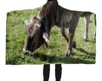 Hooded Photo Blanket Wrap featuring Cow eating Grass