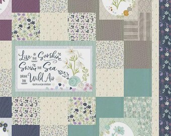 May include: A patchwork quilt pattern titled Eventide by Lavender Lime, featuring floral and geometric blocks in shades of sage green, lavender, and grey. A central rectangular panel displays the text Live in the Sunshine, Swim the Sea, Drink the Wild Air, with a lime graphic showing dimensions of 70.5 inches by 78.5 inches.
