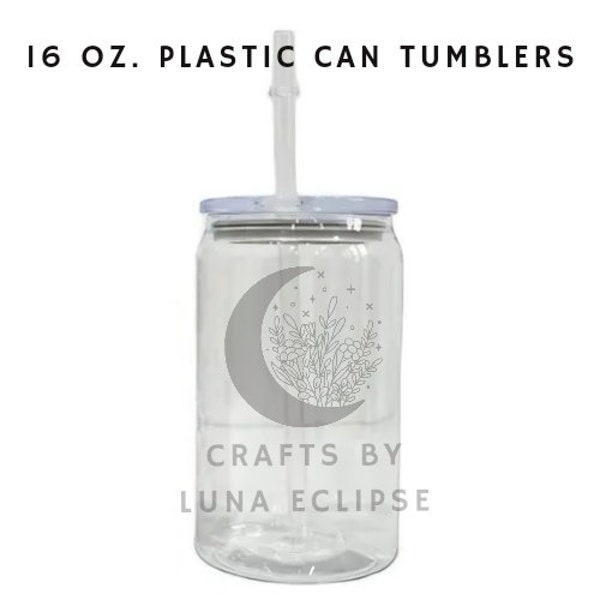 16 oz Plastic Acrylic Tumbler | Blank Libbey Plastic Can Tumblers 16oz | Clear Straight Beer Cans | Plastic Lid | Acrylic Straws