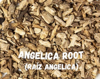May include: Close-up of dried Angelica root, also known as "Raíz Angelica", a light brown herb with a rough texture.