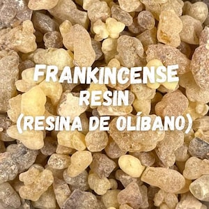 May include: Close-up of frankincense resin, with the text "FRANKINCENSE RESIN (RESINA DE OLÍBANO)" in white. The resin pieces vary in color from light yellow to brown. The image is well-lit, highlighting the texture and details of the resin.
