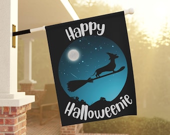 Dachshund Halloween Garden Flag, Wiener Dog Witch House Banner, Happy Halloweenie Home Decor, Doxie Seasonal Outdoor Fall Decoration