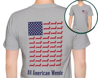 Dachshund American Flag T-Shirt, All American Weenie, Wiener Dog Unisex shirt, Patriotic Dog Lovers, USA Doxie Dog Dad Gift, 4th of July Tee