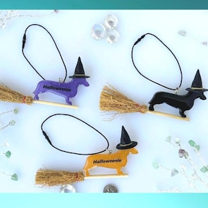 Dachshund Halloween Witch Ornament, Halloweenie Home Decor, Handmade Epoxy Resin Wiener Dog Tree Ornament Decoration, Doxie Necklace Costume