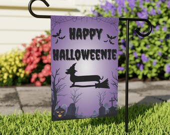 Dachshund Halloween Garden Flag, Happy Halloweenie House Banner, Wiener Dog Witch Home Decor, Doxie Dog Lover Gift, Seasonal Fall Decoration