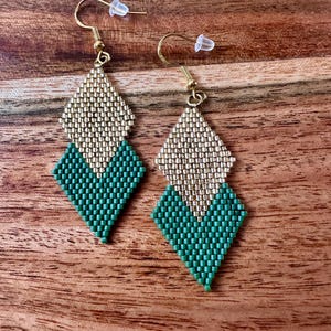 Green and Gold Seed Bead Earrings Handwoven Beaded Earrings Miyuki Delica Seed Bead Earrings Lightweight Earrings Gift for Her