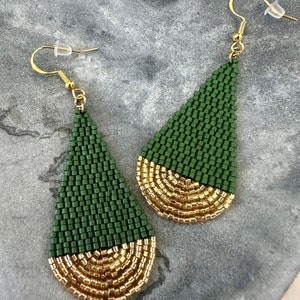 Green and Gold Seed Bead Earrings Handwoven Beaded Earrings Miyuki Delica Seed Bead Earrings Lightweight Earrings Gift for Her