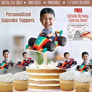 Racing Personalized Face Cupcake Toppers, Custom Face Cupcake Toppers, Racing Birthday, Car Party Theme, Digital Cupcake Toppers, CT
