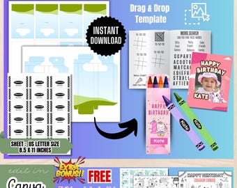 Plantilla de mini cuadernillo para colorear, plantilla de caja de crayones, etiquetas para crayones, recuerdos de fiesta con crayones, actividades imprimibles para niños, kits de recuerdos de fiesta DIY, BT1
